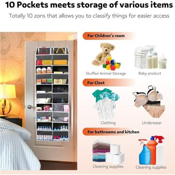 Over Door Organizer 5 Tier 10 Pocket Hanging Storage for Closet Bathroom - Picture 5 of 7